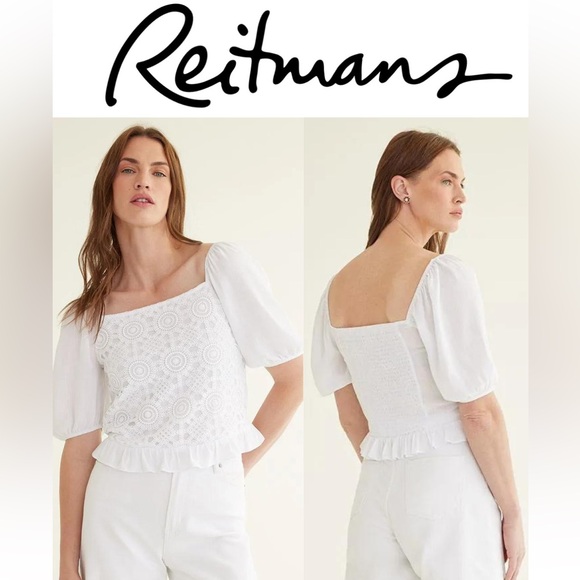 ✨NWT✨ Reitmans Short-Puffy-Sleeve Crochet Blouse with Square Neckline Size M - Picture 1 of 13